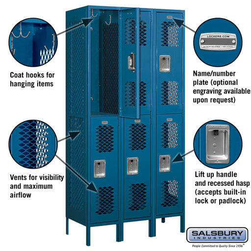 Salsbury 12" Wide Double Tier Vented Metal Locker - 3 Wide - 6 Feet High - 18 Inches Deep - Blue - Assembled - Sweatfully