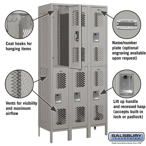 Salsbury 12" Wide Double Tier Vented Metal Locker - 3 Wide - 6 Feet High - 18 Inches Deep - Gray - Unassembled - Sweatfully