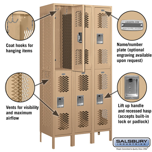 Salsbury 12" Wide Double Tier Vented Metal Locker - 3 Wide - 6 Feet High - 18 Inches Deep - Tan - Unassembled - Sweatfully