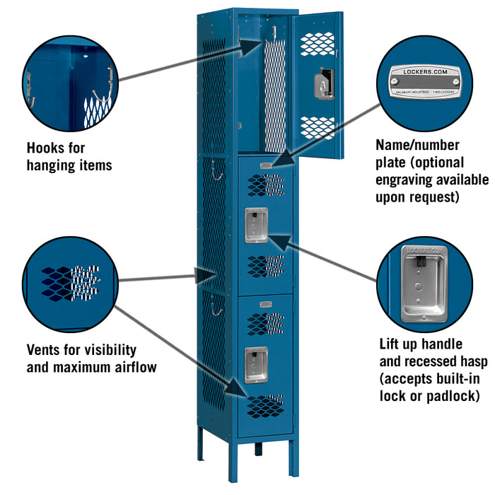 Salsbury 12" Wide Triple Tier Vented Metal Locker - 1 Wide - 6 Feet High - 12 Inches Deep - Blue - Assembled - Sweatfully