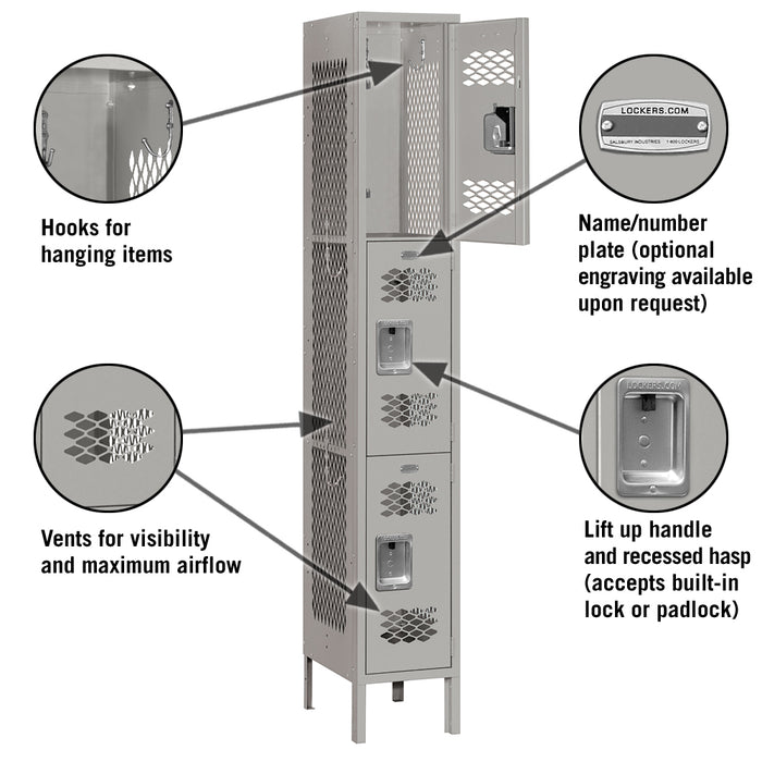 Salsbury 12" Wide Triple Tier Vented Metal Locker - 1 Wide - 6 Feet High - 12 Inches Deep - Gray - Unassembled - Sweatfully