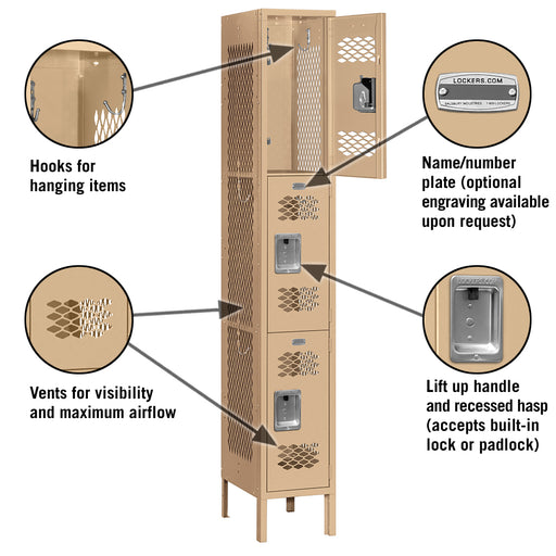 Salsbury 12" Wide Triple Tier Vented Metal Locker - 1 Wide - 6 Feet High - 12 Inches Deep - Tan - Unassembled - Sweatfully
