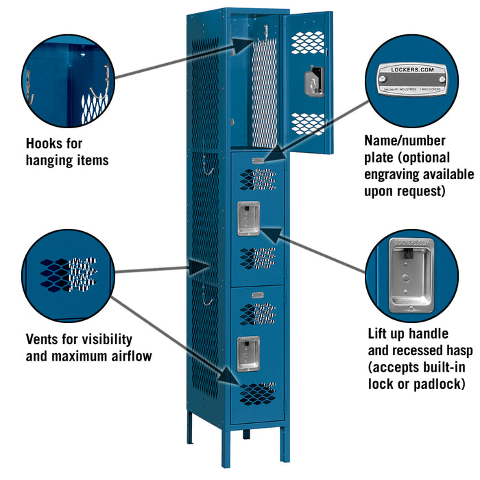 Salsbury 12" Wide Triple Tier Vented Metal Locker - 1 Wide - 6 Feet High - 15 Inches Deep - Blue - Unassembled - Sweatfully