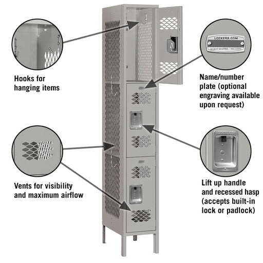 Salsbury 12" Wide Triple Tier Vented Metal Locker - 1 Wide - 6 Feet High - 15 Inches Deep - Gray - Unassembled - Sweatfully
