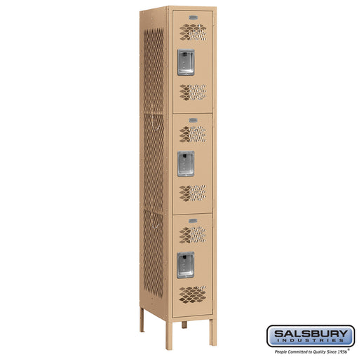 Salsbury 12" Wide Triple Tier Vented Metal Locker - 1 Wide - 6 Feet High - 15 Inches Deep - Tan - Assembled - Sweatfully