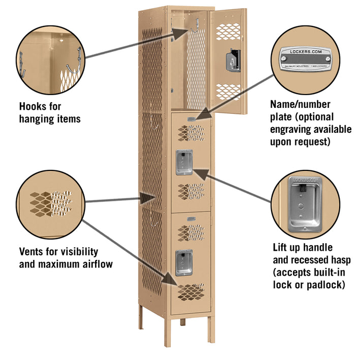 Salsbury 12" Wide Triple Tier Vented Metal Locker - 1 Wide - 6 Feet High - 15 Inches Deep - Tan - Unassembled - Sweatfully