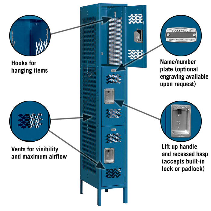 Salsbury 12" Wide Triple Tier Vented Metal Locker - 1 Wide - 6 Feet High - 18 Inches Deep - Blue - Assembled - Sweatfully