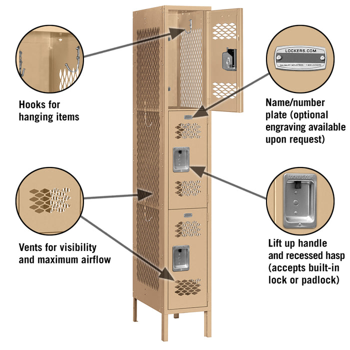 Salsbury 12" Wide Triple Tier Vented Metal Locker - 1 Wide - 6 Feet High - 18 Inches Deep - Tan - Assembled - Sweatfully