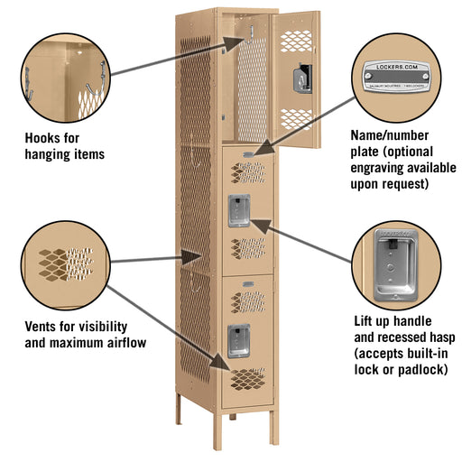 Salsbury 12" Wide Triple Tier Vented Metal Locker - 1 Wide - 6 Feet High - 18 Inches Deep - Tan - Unassembled - Sweatfully