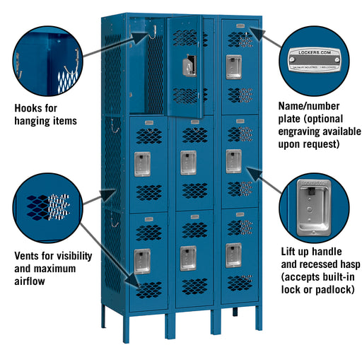 Salsbury 12" Wide Triple Tier Vented Metal Locker - 3 Wide - 6 Feet High - 12 Inches Deep - Blue - Assembled - Sweatfully
