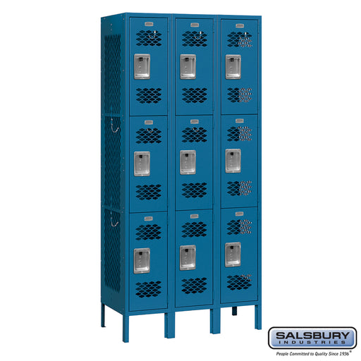 Salsbury 12" Wide Triple Tier Vented Metal Locker - 3 Wide - 6 Feet High - 12 Inches Deep - Blue - Unassembled - Sweatfully