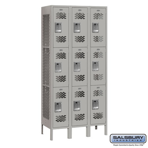 Salsbury 12" Wide Triple Tier Vented Metal Locker - 3 Wide - 6 Feet High - 12 Inches Deep - Gray - Assembled - Sweatfully