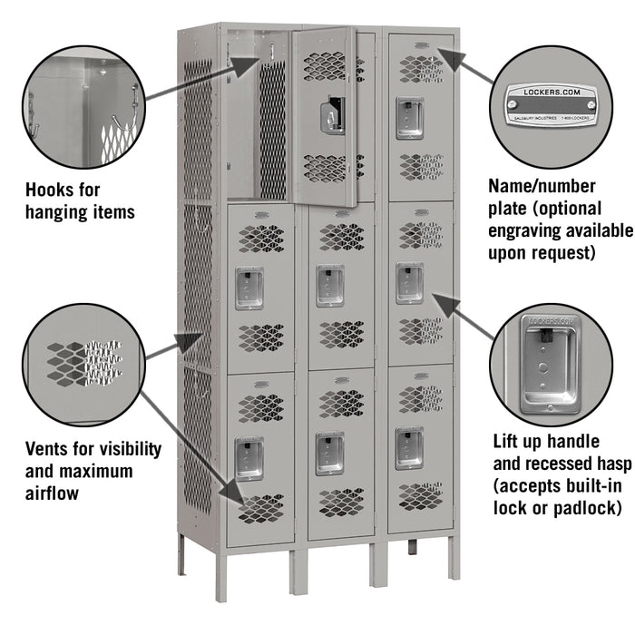 Salsbury 12" Wide Triple Tier Vented Metal Locker - 3 Wide - 6 Feet High - 12 Inches Deep - Gray - Unassembled - Sweatfully