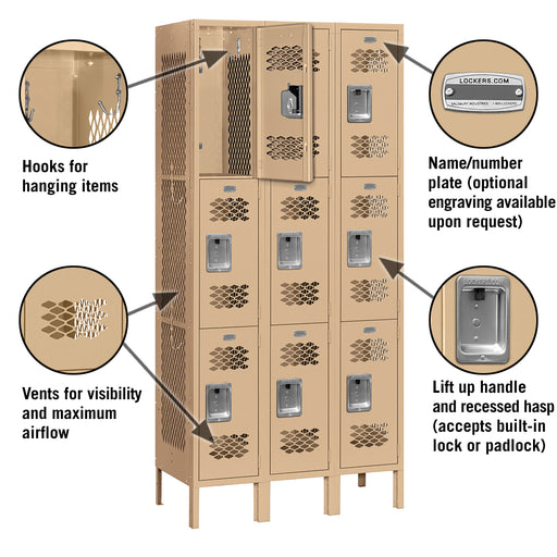 Salsbury 12" Wide Triple Tier Vented Metal Locker - 3 Wide - 6 Feet High - 12 Inches Deep - Tan - Assembled - Sweatfully