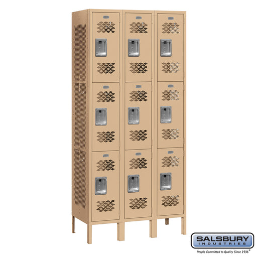 Salsbury 12" Wide Triple Tier Vented Metal Locker - 3 Wide - 6 Feet High - 12 Inches Deep - Tan - Assembled - Sweatfully