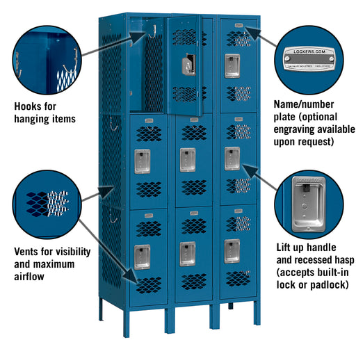 Salsbury 12" Wide Triple Tier Vented Metal Locker - 3 Wide - 6 Feet High - 15 Inches Deep - Blue - Assembled - Sweatfully