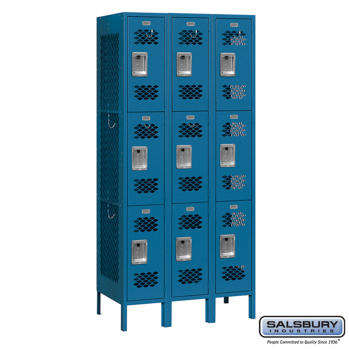 Salsbury 12" Wide Triple Tier Vented Metal Locker - 3 Wide - 6 Feet High - 15 Inches Deep - Blue - Unassembled - Sweatfully