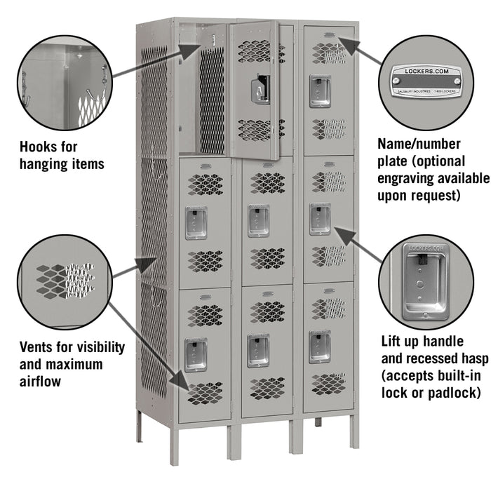 Salsbury 12" Wide Triple Tier Vented Metal Locker - 3 Wide - 6 Feet High - 15 Inches Deep - Gray - Assembled - Sweatfully