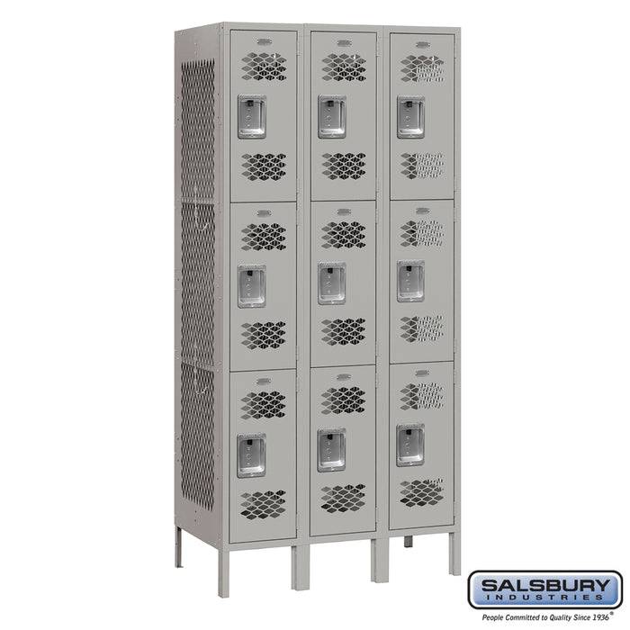 Salsbury 12" Wide Triple Tier Vented Metal Locker - 3 Wide - 6 Feet High - 15 Inches Deep - Gray - Assembled - Sweatfully