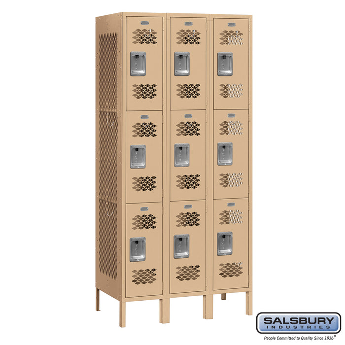 Salsbury 12" Wide Triple Tier Vented Metal Locker - 3 Wide - 6 Feet High - 15 Inches Deep - Tan - Assembled - Sweatfully