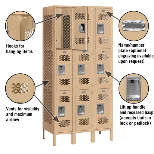 Salsbury 12" Wide Triple Tier Vented Metal Locker - 3 Wide - 6 Feet High - 15 Inches Deep - Tan - Unassembled - Sweatfully