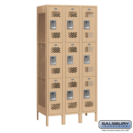 Salsbury 12" Wide Triple Tier Vented Metal Locker - 3 Wide - 6 Feet High - 15 Inches Deep - Tan - Unassembled - Sweatfully