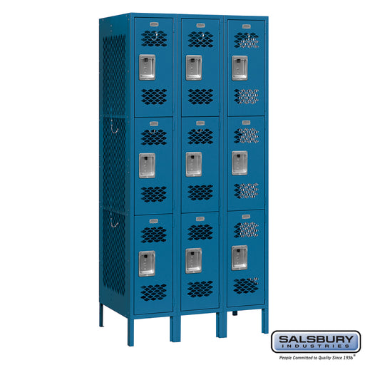 Salsbury 12" Wide Triple Tier Vented Metal Locker - 3 Wide - 6 Feet High - 18 Inches Deep - Blue - Assembled - Sweatfully