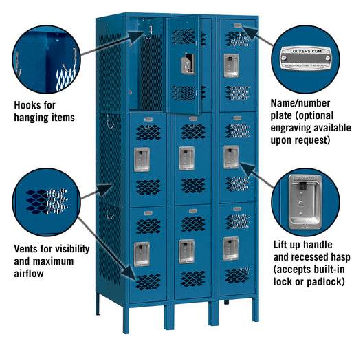 Salsbury 12" Wide Triple Tier Vented Metal Locker - 3 Wide - 6 Feet High - 18 Inches Deep - Blue - Unassembled - Sweatfully