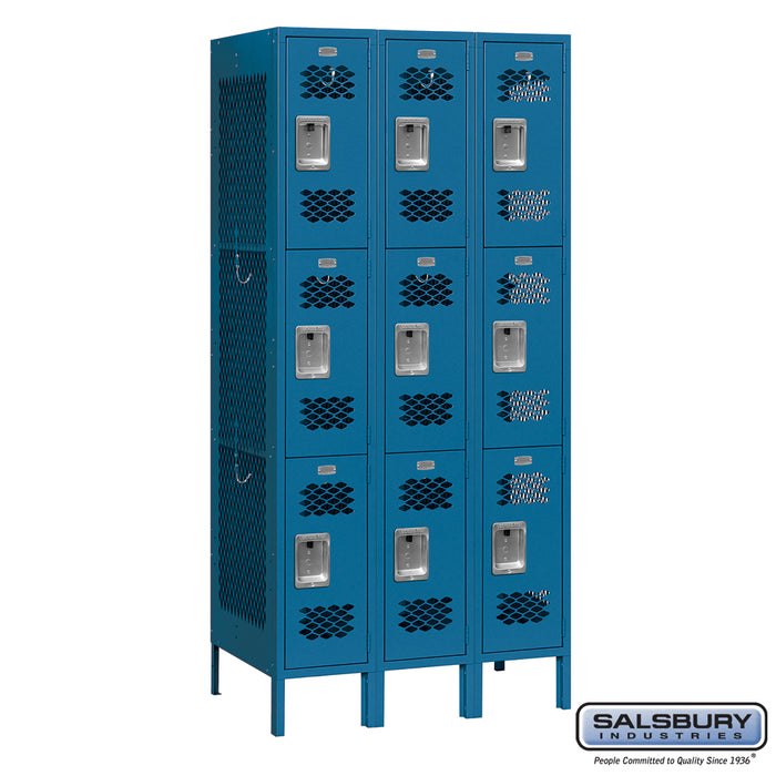Salsbury 12" Wide Triple Tier Vented Metal Locker - 3 Wide - 6 Feet High - 18 Inches Deep - Blue - Unassembled - Sweatfully