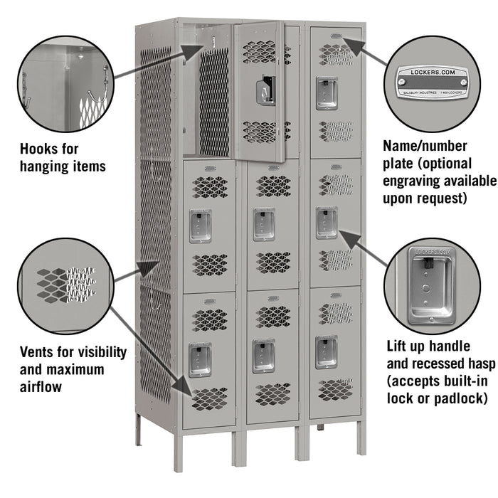 Salsbury 12" Wide Triple Tier Vented Metal Locker - 3 Wide - 6 Feet High - 18 Inches Deep - Gray - Assembled - Sweatfully