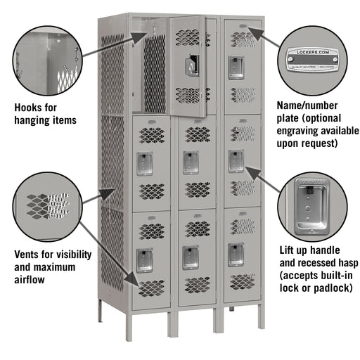 Salsbury 12" Wide Triple Tier Vented Metal Locker - 3 Wide - 6 Feet High - 18 Inches Deep - Gray - Unassembled - Sweatfully