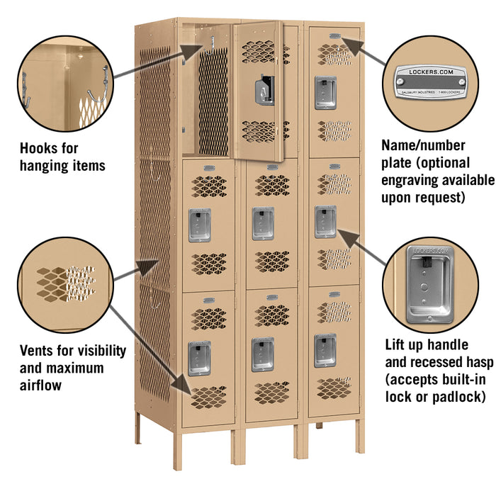 Salsbury 12" Wide Triple Tier Vented Metal Locker - 3 Wide - 6 Feet High - 18 Inches Deep - Tan - Assembled - Sweatfully