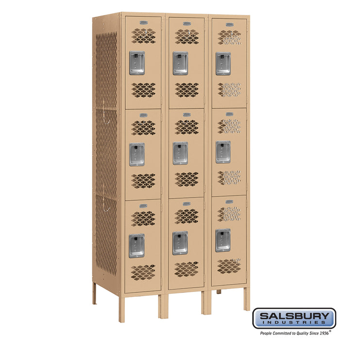 Salsbury 12" Wide Triple Tier Vented Metal Locker - 3 Wide - 6 Feet High - 18 Inches Deep - Tan - Assembled - Sweatfully