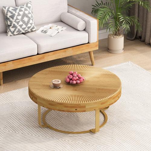31.5" Modern round coffee table Wooden carving pattern coffee table with metal legs for living room reception room office Golden - Sweatfully