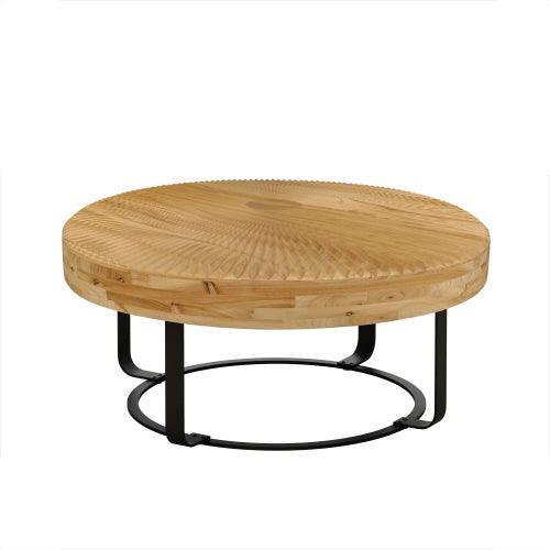 31.5" Modern round coffee table Wooden carving pattern coffee table with metal legs for living room reception room office Golden - Sweatfully