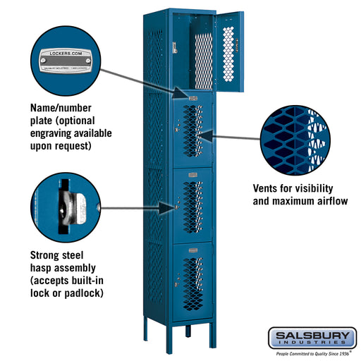 Salsbury 12" Wide Four Tier Vented Metal Locker - 1 Wide - 6 Feet High - 12 Inches Deep - Blue - Unassembled - Sweatfully