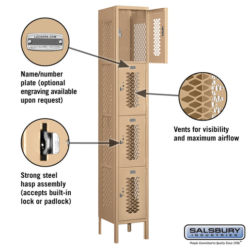 Salsbury 12" Wide Four Tier Vented Metal Locker - 1 Wide - 6 Feet High - 12 Inches Deep - Tan - Assembled - Sweatfully