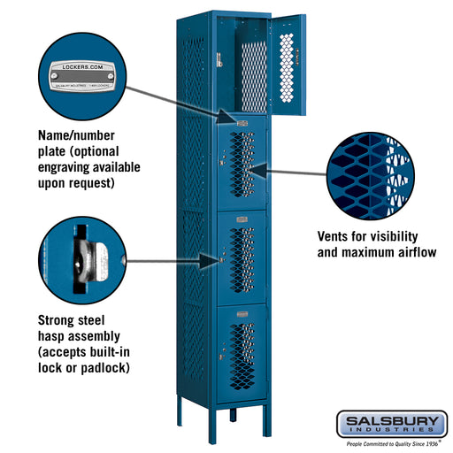 Salsbury 12" Wide Four Tier Vented Metal Locker - 1 Wide - 6 Feet High - 15 Inches Deep - Blue - Assembled - Sweatfully
