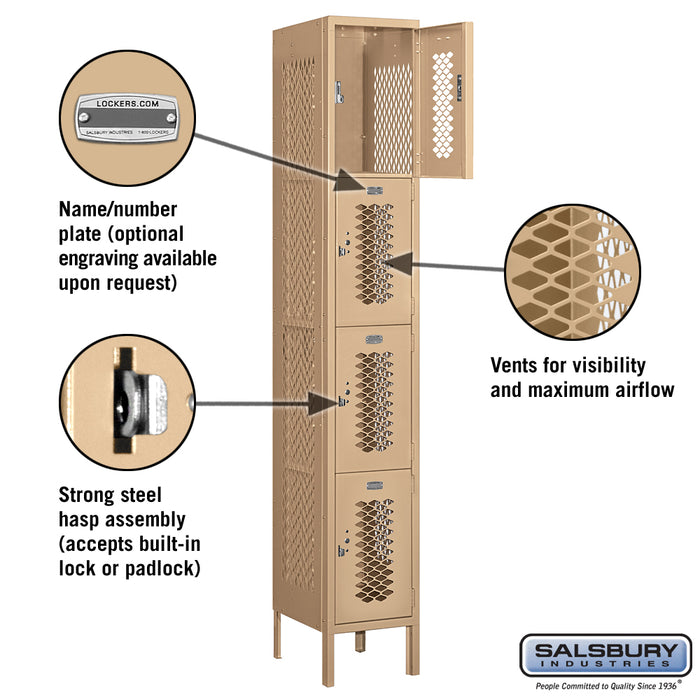 Salsbury 12" Wide Four Tier Vented Metal Locker - 1 Wide - 6 Feet High - 15 Inches Deep - Tan - Assembled - Sweatfully