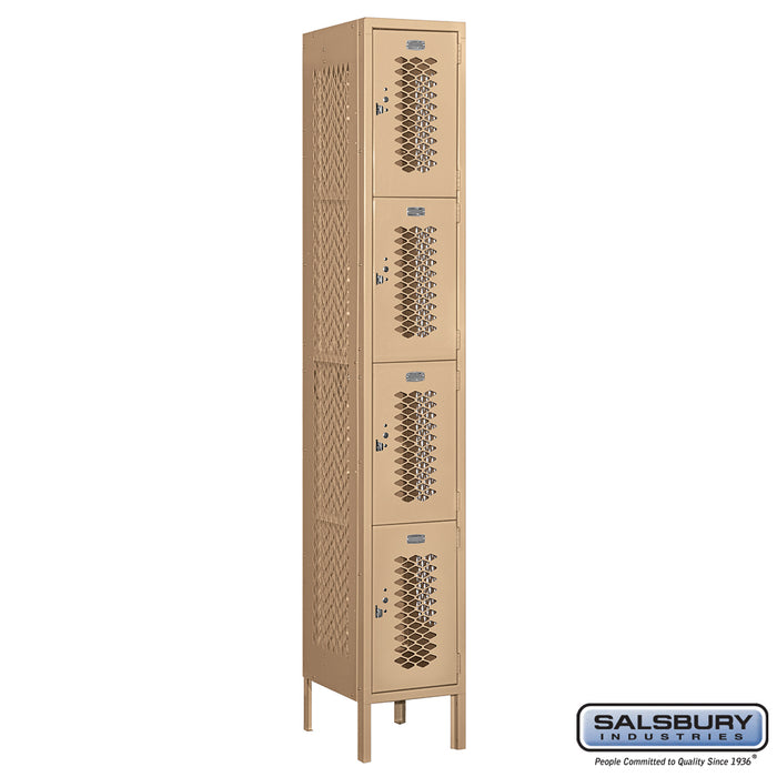 Salsbury 12" Wide Four Tier Vented Metal Locker - 1 Wide - 6 Feet High - 15 Inches Deep - Tan - Assembled - Sweatfully