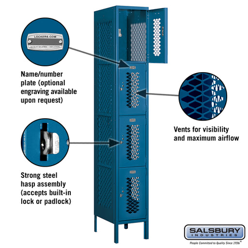 Salsbury 12" Wide Four Tier Vented Metal Locker - 1 Wide - 6 Feet High - 18 Inches Deep - Blue - Unassembled - Sweatfully