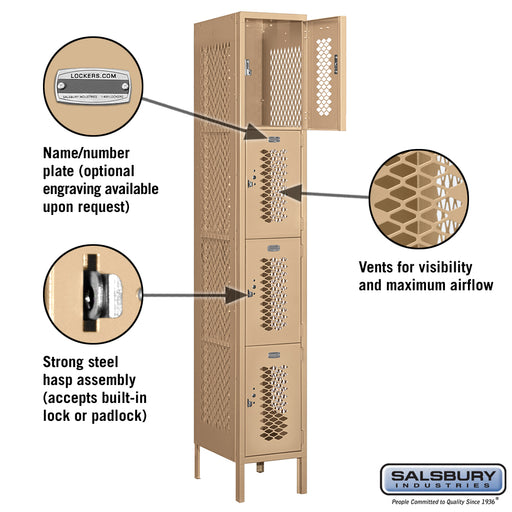 Salsbury 12" Wide Four Tier Vented Metal Locker - 1 Wide - 6 Feet High - 18 Inches Deep - Tan - Unassembled - Sweatfully