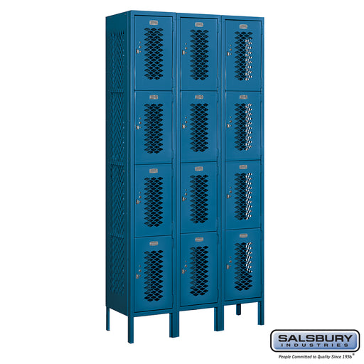 Salsbury 12" Wide Four Tier Vented Metal Locker - 3 Wide - 6 Feet High - 12 Inches Deep - Blue - Assembled - Sweatfully