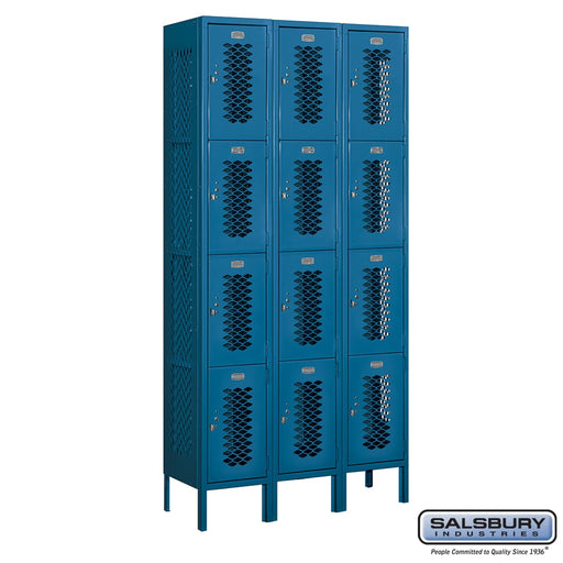 Salsbury 12" Wide Four Tier Vented Metal Locker - 3 Wide - 6 Feet High - 12 Inches Deep - Blue - Unassembled - Sweatfully