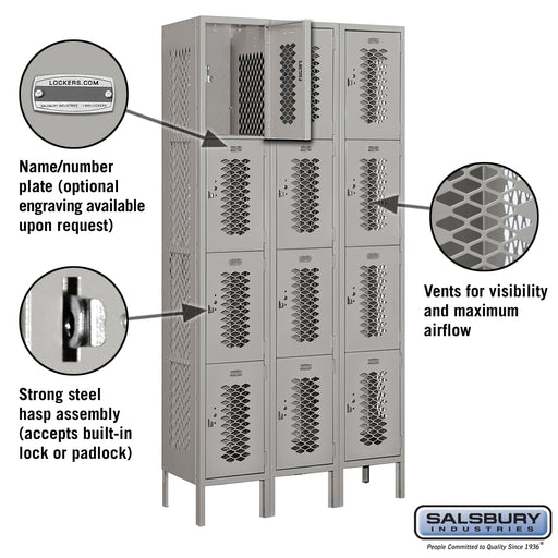 Salsbury 12" Wide Four Tier Vented Metal Locker - 3 Wide - 6 Feet High - 12 Inches Deep - Gray - Assembled - Sweatfully