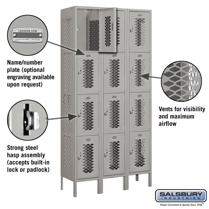 Salsbury 12" Wide Four Tier Vented Metal Locker - 3 Wide - 6 Feet High - 12 Inches Deep - Gray - Unassembled - Sweatfully