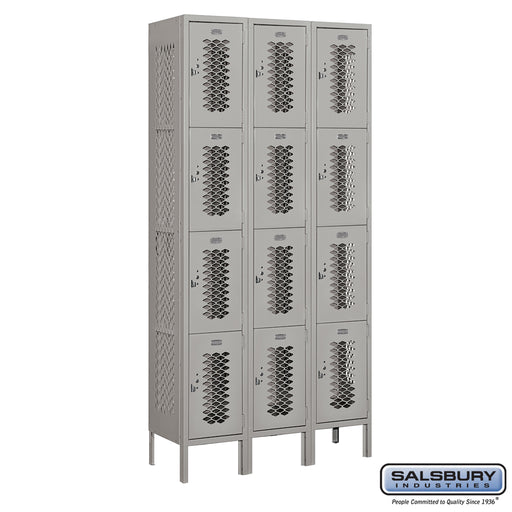 Salsbury 12" Wide Four Tier Vented Metal Locker - 3 Wide - 6 Feet High - 12 Inches Deep - Gray - Unassembled - Sweatfully