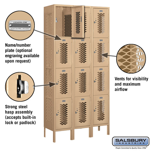 Salsbury 12" Wide Four Tier Vented Metal Locker - 3 Wide - 6 Feet High - 12 Inches Deep - Tan - Assembled - Sweatfully