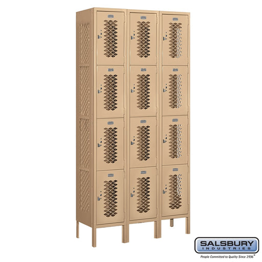 Salsbury 12" Wide Four Tier Vented Metal Locker - 3 Wide - 6 Feet High - 12 Inches Deep - Tan - Assembled - Sweatfully