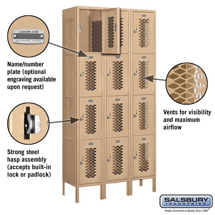 Salsbury 12" Wide Four Tier Vented Metal Locker - 3 Wide - 6 Feet High - 12 Inches Deep - Tan - Unassembled - Sweatfully